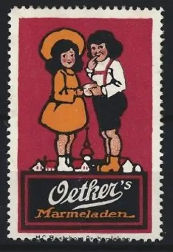 Reklamemarke Oetker, Marmeladen, Kinderpaar vor Dorfkulisse