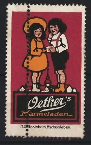 Reklamemarke Oetker, Marmeladen, Kinderpaar vor einem Dorf