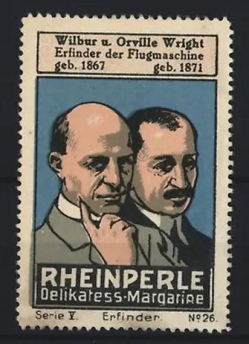 Reklamemarke Rheinperle, Margarinefabrik, Portrait Wilbur und Orville Wright