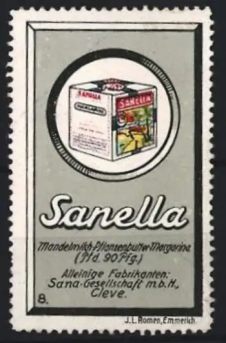 Reklamemarke Cleve, Sana Gesellschaft mbH., Margarine Marke Sanella, Margarine-Packung