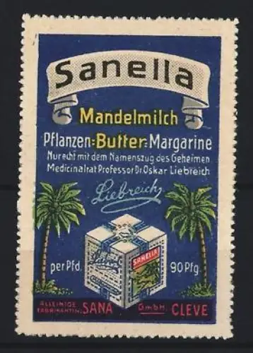 Reklamemarke Cleve, Sana GmbH, Margarinefabrik, Sanella Margarine, Palmen und Verpackung