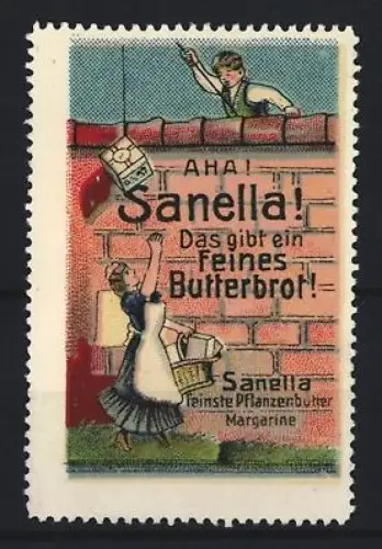 Reklamemarke Sanella, Margarinefabrik, Frau mit Korb und Mann auf Mauer