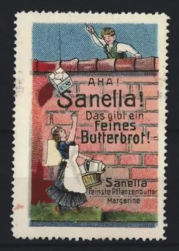 Reklamemarke Sanella, Margarinefabrik, Frau mit Korb und Junge auf Mauer