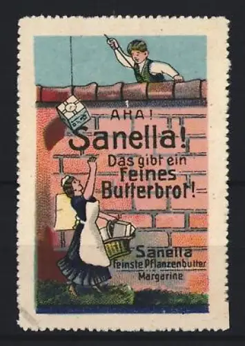 Reklamemarke Sanella, Margarinefabrik, Frau mit Einkaufskorb