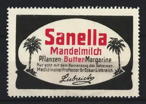 Reklamemarke Oskar Liebreich, Sanella Margarine, Palmen und Schriftzug
