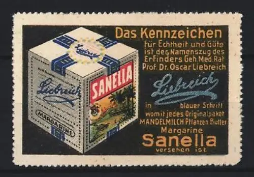 Reklamemarke Oscar Liebreich, Sanella Margarine, Würfel mit blauer Schrift