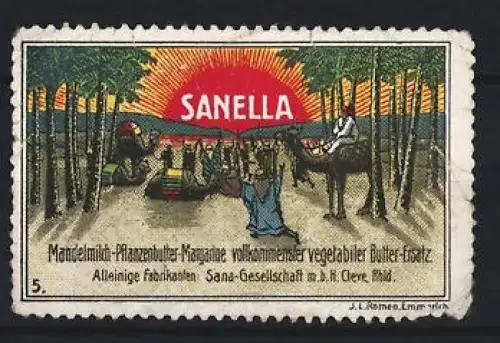 Reklamemarke Cleve, Sana Gesellschaft mbH, Margarine Marke Sanella, Sonnenaufgang über Plantage