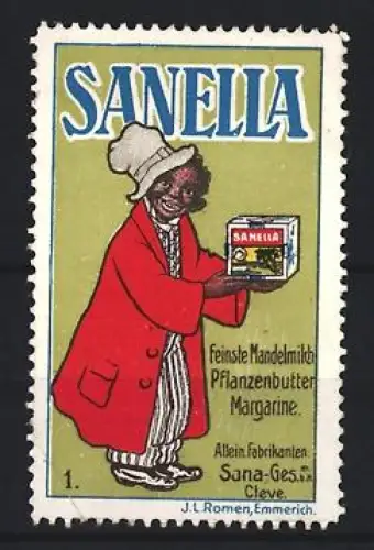 Reklamemarke Cleve, Sana, Margarinefabrik, Sanella Pflanzenbutter, Kind mit Margarinepaket