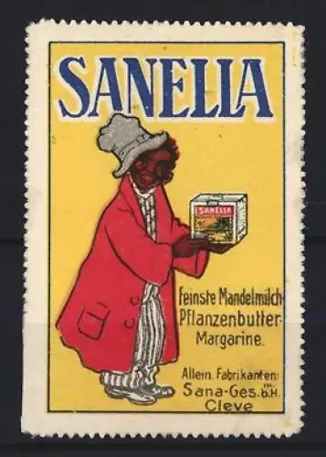 Reklamemarke Cleve, Sana Margarinefabrik, Sanella Pflanzenbutter, Figur mit Margarinepaket, gelb