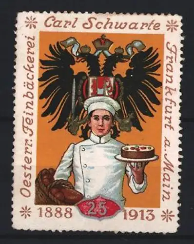 Reklamemarke Frankfurt am Main, Carl Schwarte, Feinbäckerei, Bäcker mit Kuchen und Adler