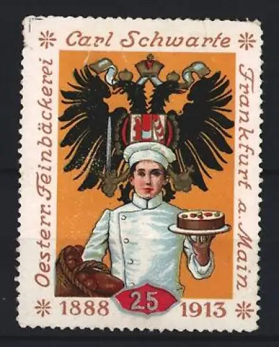 Reklamemarke Frankfurt a. Main, Carl Schwarte, Feinbäckerei, Doppeladler und Bäcker mit Kuchen