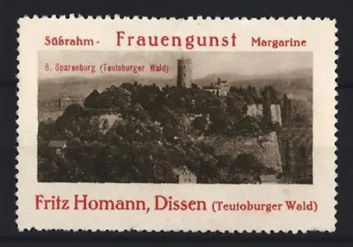 Reklamemarke Dissen, Fritz Homann, Margarinefabrik, Frauengunst Margarine, Sparrenburg im Teutoburger Wald