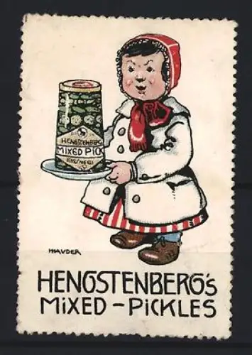 Reklamemarke Hengstenberg, Mixed Pickles, Kind mit Glas