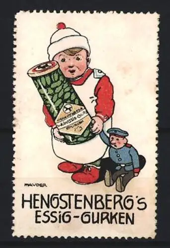 Reklamemarke Hengstenberg, Essig-Gurken, Kind mit Gurkenglas und Spielzeug