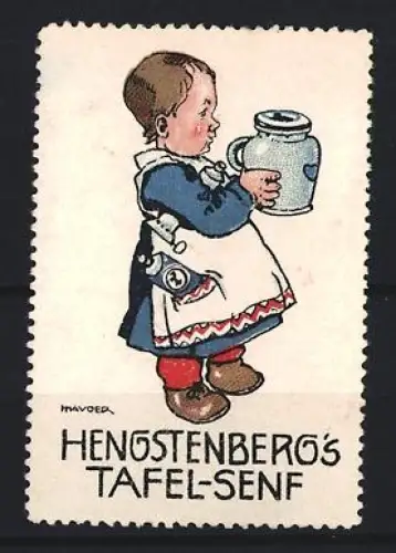 Reklamemarke Hengstenberg, Tafel-Senf, Kind mit Senftopf