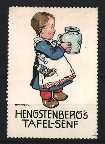 Reklamemarke Hengstenberg, Tafel-Senf, Kind mit Senftopf