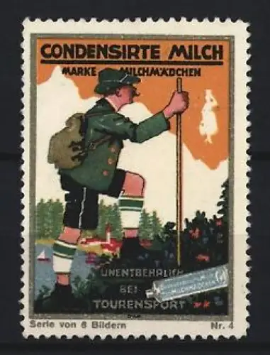 Reklamemarke Milchmädchen, Kondensmilch, Wanderer im Tourensport