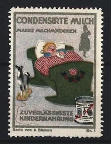 Reklamemarke Milchmädchen, Kondensmilch, Schlafendes Kind und Schaukelpferd