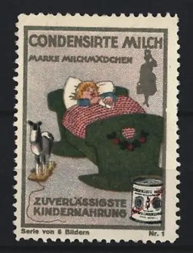 Reklamemarke Milchmädchen, Kondensmilch, Schlafendes Kind und Schaukelpferd
