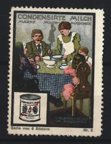 Reklamemarke Milchmädchen, Kondensmilch, Familie am Esstisch