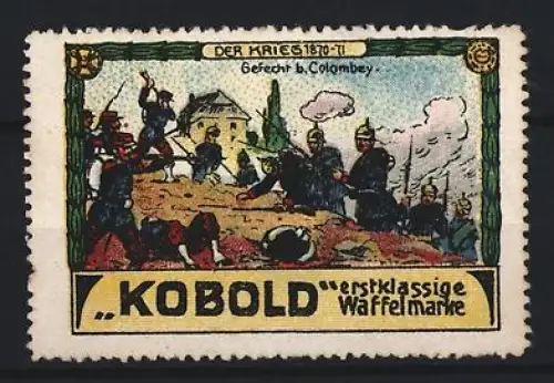 Reklamemarke Colombey, Kobold, Waffelmarke, Gefecht 1870-71, Soldaten und Gebäude
