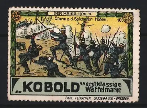 Reklamemarke Dresden, Carl Fleischer, Waffelfabrik, Kobold Waffeln, Der Krieg 1870-71, Schlachtenszene