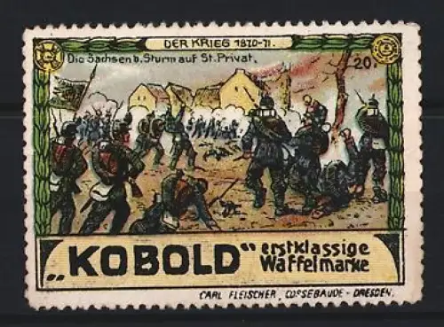 Reklamemarke Dresden, Carl Fleischer, Waffelfabrik, Kobold Waffeln, Sachsen b. St.-Privat, 1870-71