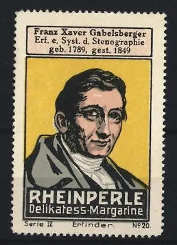 Reklamemarke Rheinperle, Margarinenfabrik, Delikatess-Margarine, Franz Xaver Gabelsberger, Porträt
