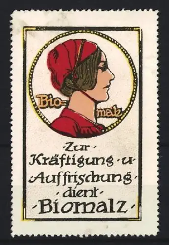 Reklamemarke Biomalz, Kräftigungspräparate, Profil einer Frau mit roter Mütze