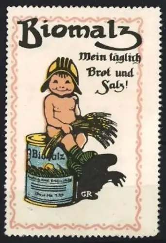Reklamemarke Biomalz, Kräftigungspräparate, Kind auf Malzdose