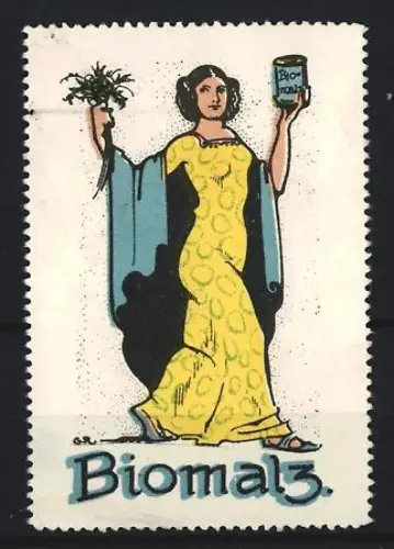 Reklamemarke Biomalz, Kräftigungspräparate, Frau in gelbem Kleid mit Dose und Pflanze