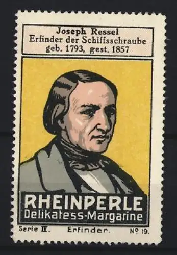 Reklamemarke Rheinperle, Margarinenfabrik, Delikatess-Margarine, Joseph Ressel Erfinder, Porträt