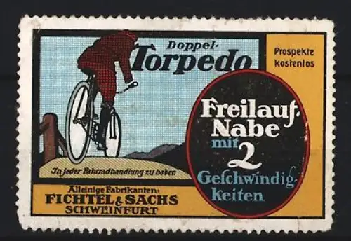 Reklamemarke Schweinfurt, Fichtel & Sachs, Doppel-Torpedo Freilaufnabe, Radfahrer auf Hügel