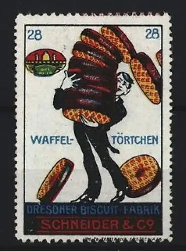 Reklamemarke Dresden, Schneider & Co., Waffel-Törtchen, Mann mit Törtchenstapel