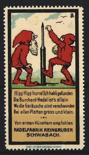 Künstler-Reklamemarke Sigmund von Suchodolski, Schwabach, Nadelfabrik Reingruber, Grammophonnadel, zwei Zwerge mit Nadel