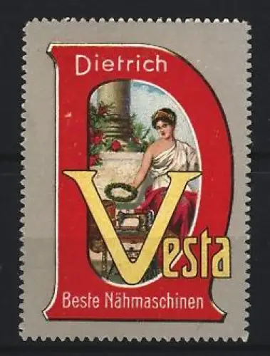 Reklamemarke Dietrich Vesta, Nähmaschinen, Frau mit Kranz