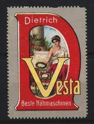 Reklamemarke Dietrich Vesta, Nähmaschinen, Frau mit Nähmaschine