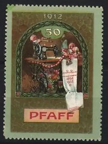 Reklamemarke Pfaff, Nähmaschinen, Nähmaschine mit Blumen und Schleife