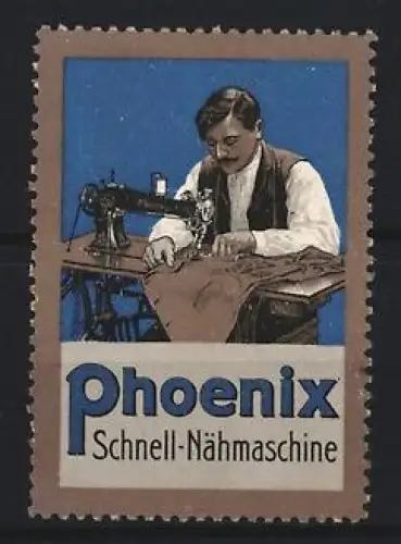 Reklamemarke Phoenix, Nähmaschine, Schneider bei der Arbeit