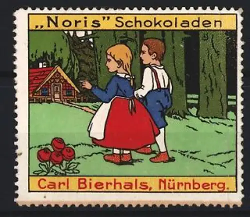Reklamemarke Nürnberg, Carl Bierhals, Noris Schokoladen, Hänsel und Gretel im Wald