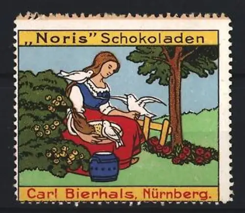 Reklamemarke Nürnberg, Carl Bierhals, Noris Schokoladen, Frau mit Tauben und Baum