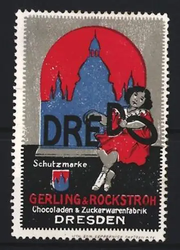Reklamemarke Dresden, Gerling & Rockstroh, Schokolade und Zuckerwaren, Mädchen vor Stadtsilhouette