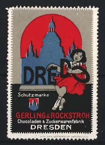 Reklamemarke Dresden, Gerling & Rockstroh, Schokoladen & Zuckerwarenfabrik, Mädchen vor Skyline