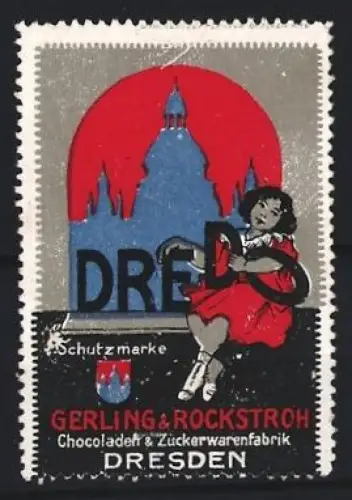 Reklamemarke Dresden, Gerling & Rockstroh, Schokolade und Zuckerwaren, Mädchen vor Stadtsilhouette
