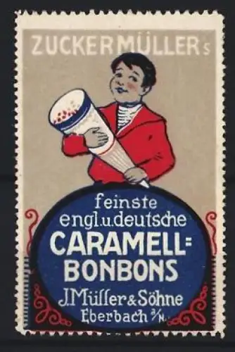 Reklamemarke Eberbach, J. Müller & Söhne, Karamellbonbons, Junge mit Bonbontüte