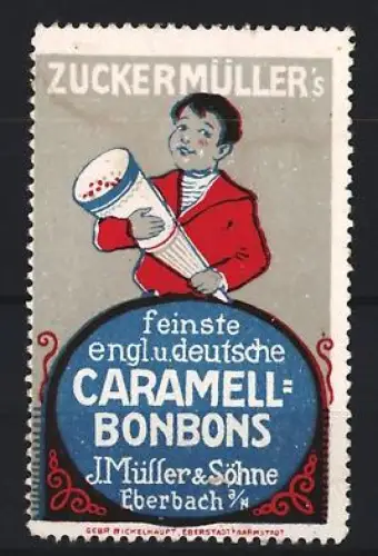 Reklamemarke Eberbach, J. Müller & Söhne, Karamell-Bonbons, Junge mit Bonbonschachtel