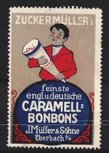 Reklamemarke Eberbach, J. Müller & Söhne, Karamell-Bonbons, Junge mit Tüte