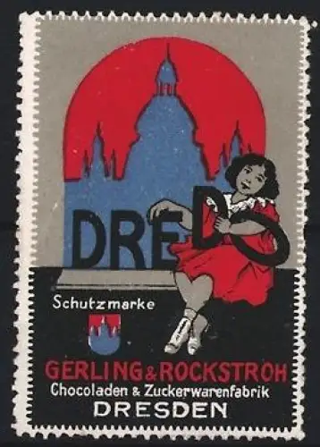 Reklamemarke Dresden, Gerling & Rockstroh, Chocoladen & Zuckerwarenfabrik, Mädchen vor Stadtsilhouette