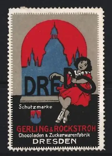 Reklamemarke Dresden, Gerling & Rockstroh, Chocoladen, Mädchen vor Stadtsilhouette