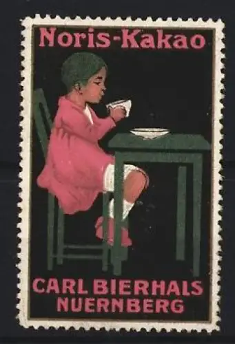 Reklamemarke Nürnberg, Carl Bierhals, Noris-Kakao, Kind am Tisch